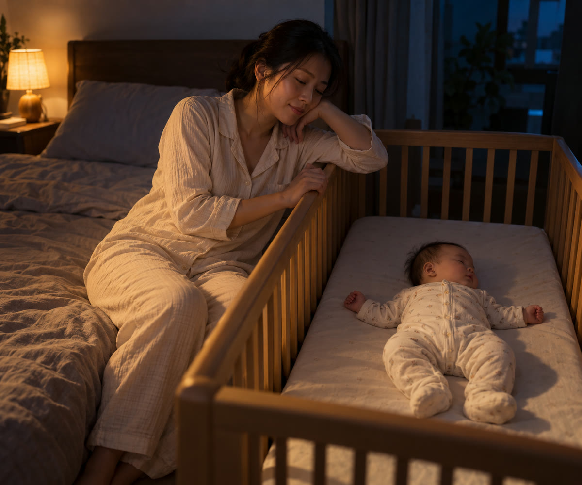 Cách cho bé ngủ xuyên đêm: mẹ ngồi cạnh cũi, bé nằm ngửa ngủ yên dưới ánh đèn ấm